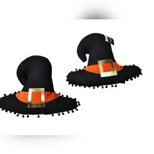 Set Of 2 New With Tags Halloween Witch Hat Plush Pillows Orange Black And Gold